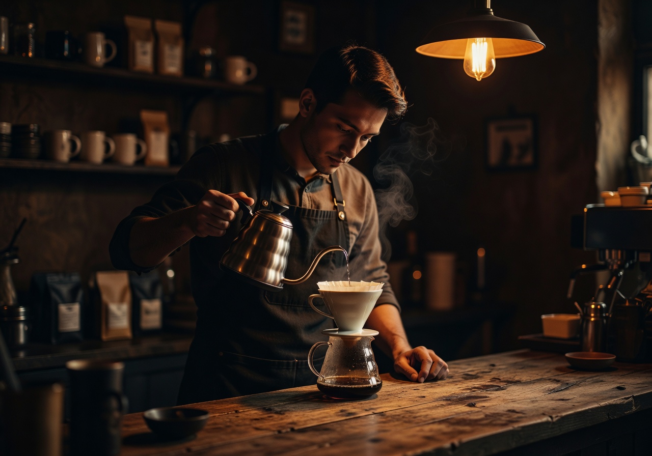 Barista preparing a pour-over coffee in a warm, dimly lit cafe environment