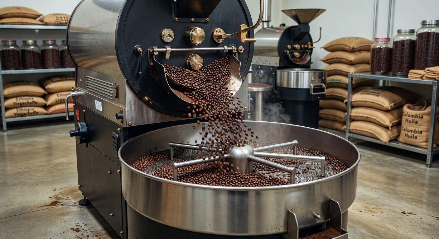 Freshly roasted coffee beans pouring into a cooling tray at Tim Wendelboe roastery