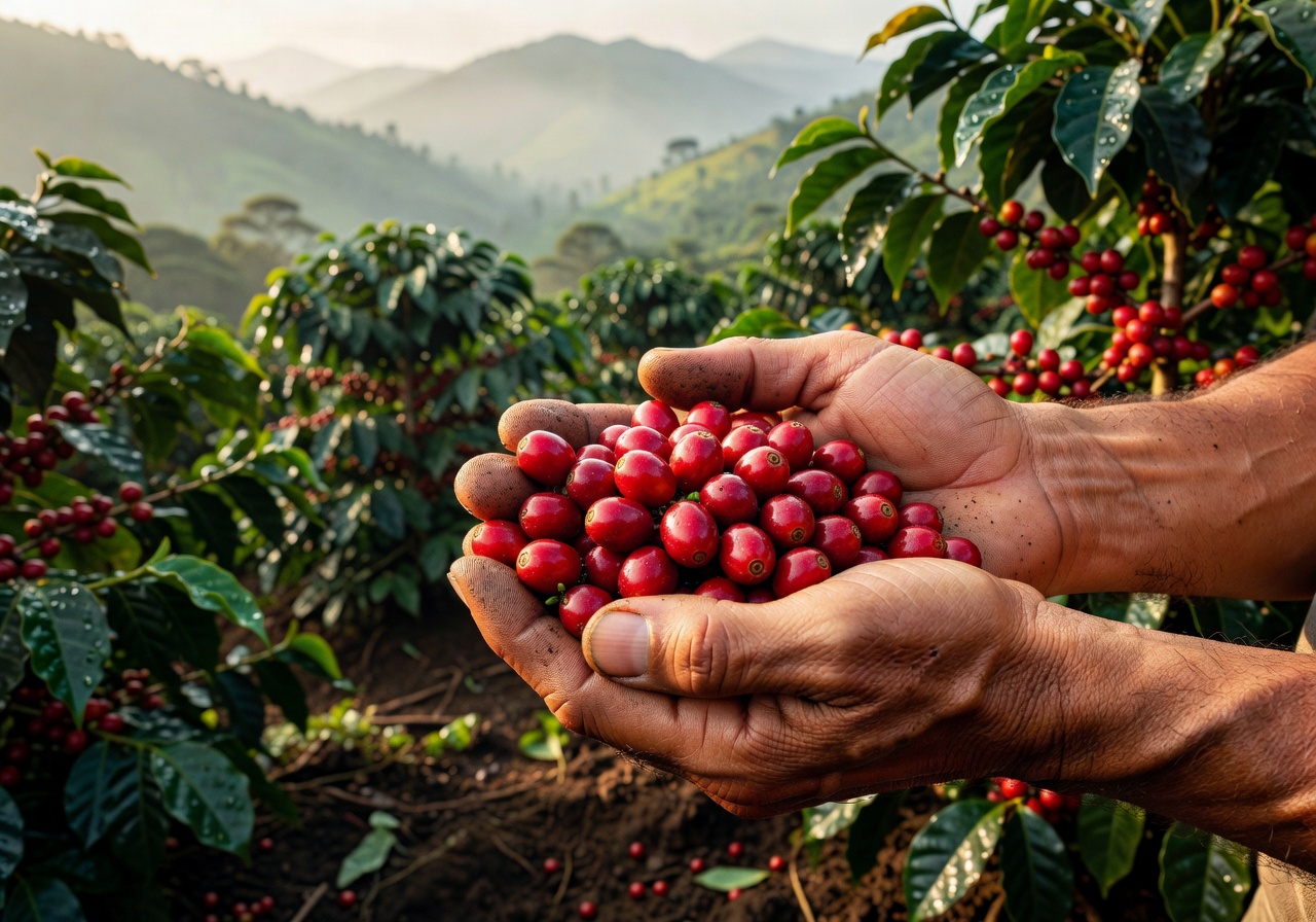 Hands of a coffee farmer holding ripe red coffee cherries in Colombia