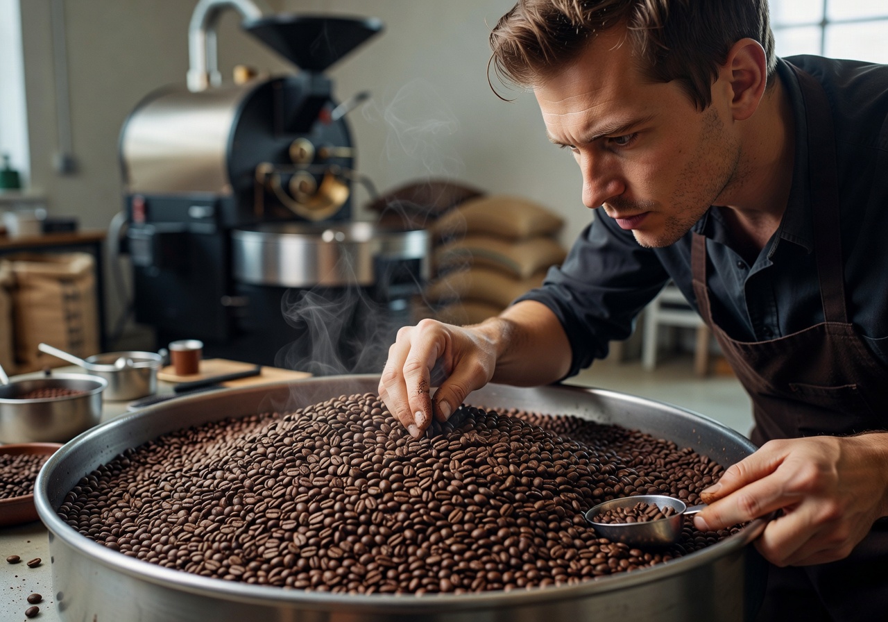 Tim Wendelboe examining freshly roasted coffee beans with care
