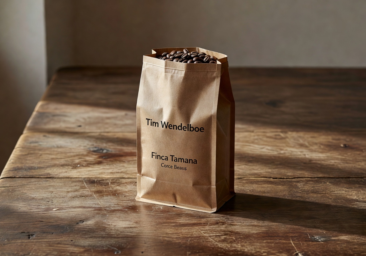 Tim Wendelboe Finca Tamana coffee beans bag on a wooden table