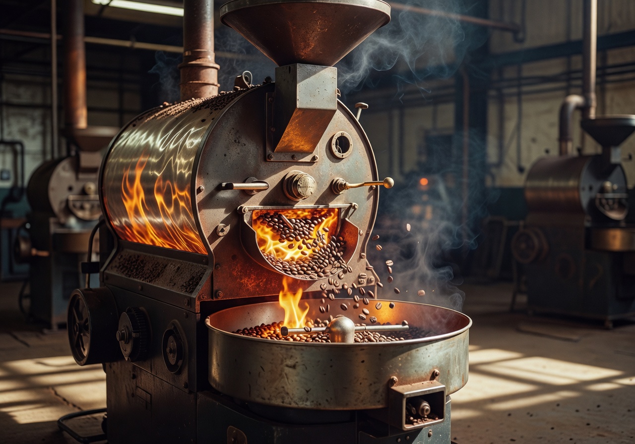 Vintage Loring coffee roaster machine in action showing intense heat and beans