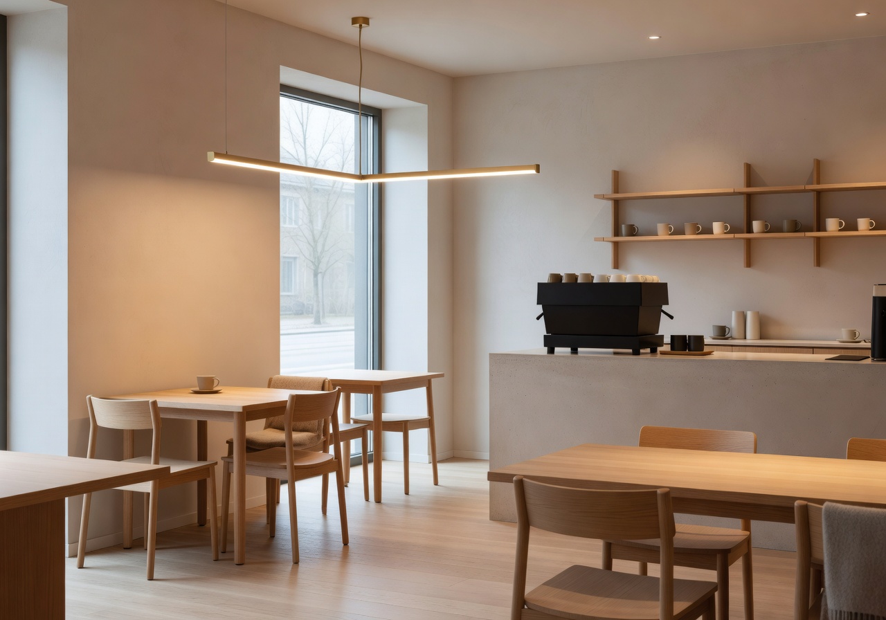 Warm ambient light highlighting a minimalist Scandinavian coffee shop interior
